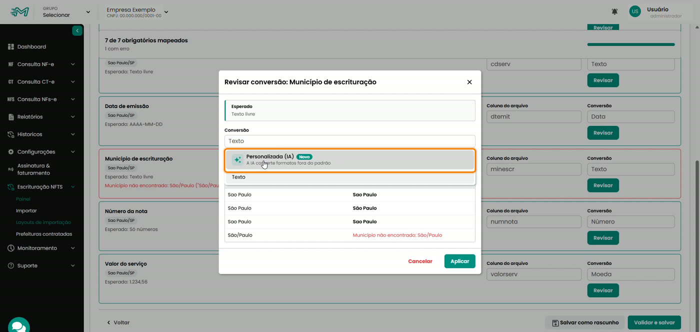 Opção Personalizada (IA) destacada na lista de conversões