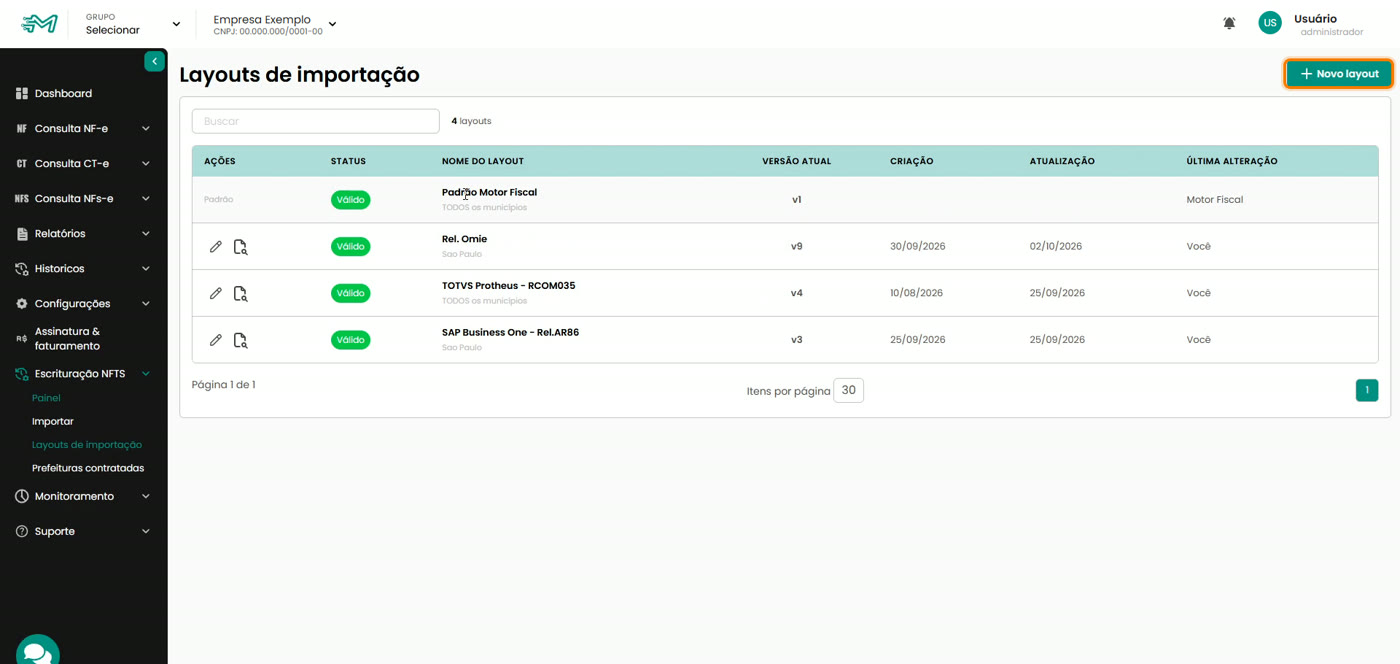 Lista de layouts de importação com o botão Novo layout destacado